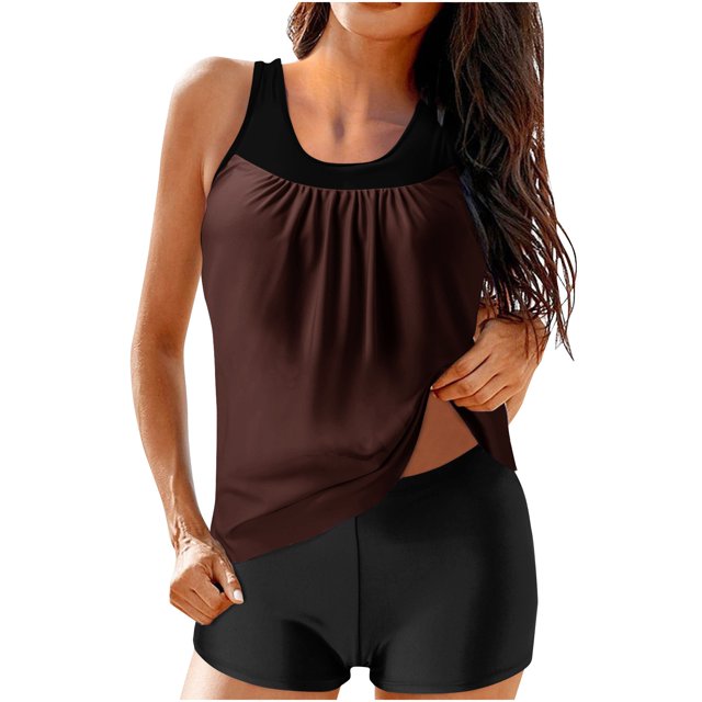 RKSTN Tankini Swimsuits for Women Summer Fashion Solid ColorConservative Two Piece Set Bathing Suits with Boyshorts Loose Plus Size Round Neck Sleeveless Pleated Swimsuits