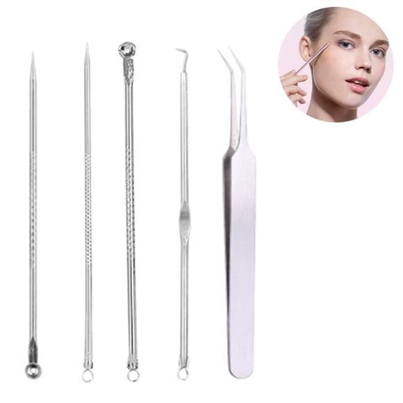 Ensemble de 5 Pcs pour Éliminer les Points Noirs et les Imperfections, Trousse d'Élimination des Points Blancs d'Acné, Outil Extracteur de Boutons, avec Pinces, pour Visage Front Nez