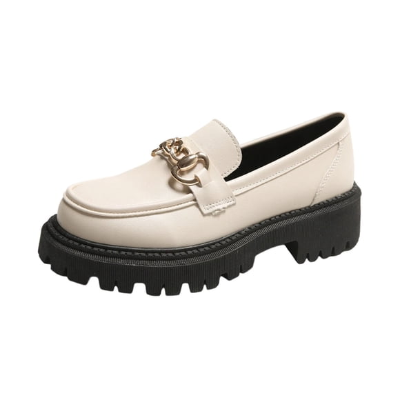 White Loafers For Womens Low Heel Round Toe Chunky Heel Thick Sole Solid Color Design Comfortable Slip On For Four Season Casual Wear Size 37