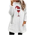 thumbnail image 1 of Pisexur Fuzzy Chandails de Noël pour Femmes Doublés en Molleton à Manches Longues à Col Rond Chandail d'Hiver Chaud Imprimé Verres de Vin Rouge Chandail de Noël à Enfiler Hauts avec Poches, 1 of 4