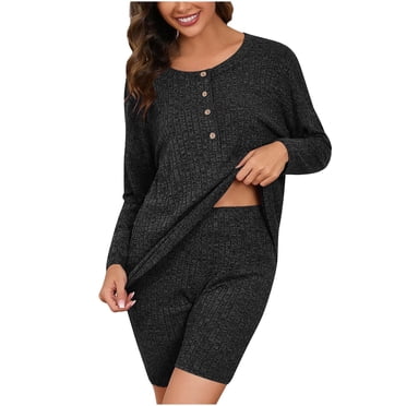 cfhntfmh Ensembles de Pyjama pour Femmes à Côtes Manches Longues Col Rond Chemises à Boutons Shorts en Tricot Doux Ajustés 2 Pcs Pyjamas de Détente Vêtements de Nuit
