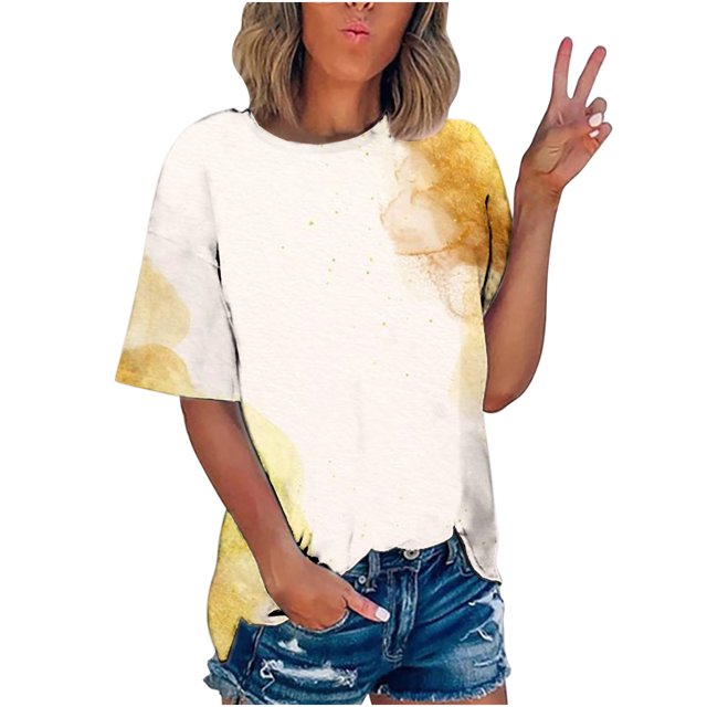 CEHVOM T-shirt Imprimé Mode Femme Manches Courtes Blouse Col Rond Hauts Décontractés Liquidation