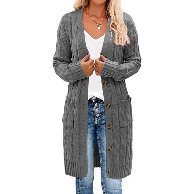 Womens Long Sleeve Cable Knit Long Cardigan Open Front Button Sweater Outerwear