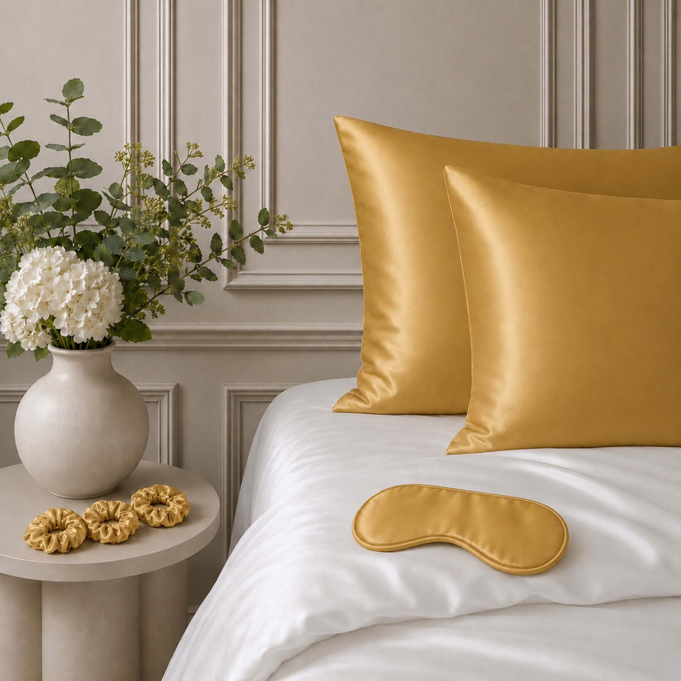 Ensemble Cadeau de 6 Pièces en Satin : Taies D'oreiller, Masque pour les Yeux et Chouchous, Ensemble pour une Sommeil Beauté Swift Home, Or