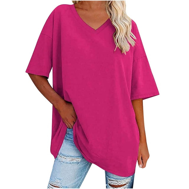 Plebaso T-Shirts Surdimensionnés pour Femmes à Col en V à Manches Mi-Longues T-Shirts Décontractés Unis Confort Hauts Amples pour Femmes