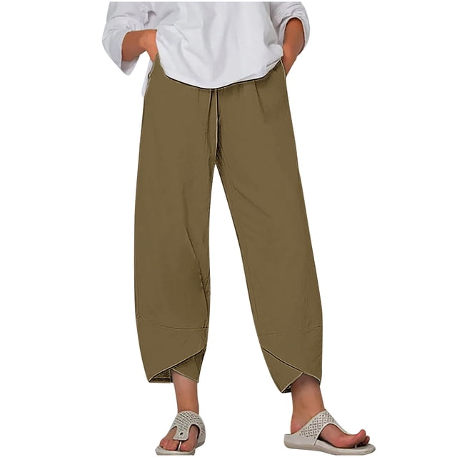 Timegard Plus Size Pants for Women Elastic Waist Solid Color Comfy Fall Casual Crop Pants with Pockets
