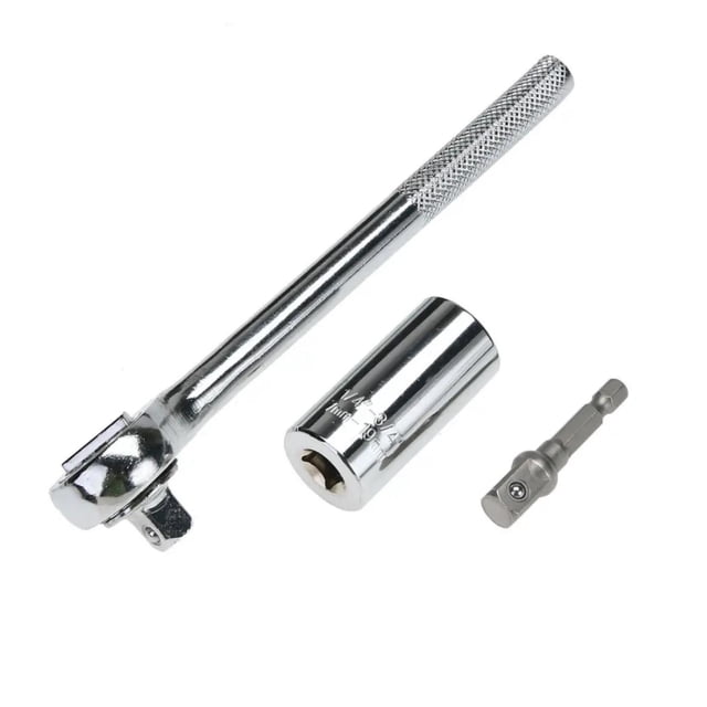 Universal socket spanner chrome vanadium steel metric inch chrome plated 7-19mm multifunctional socket three-piece set, including a universal socket, a bit adapter, and a ratchet spanner. The tools are made of durable chrome vanadium steel with a polished chrome finish, designed for versatility and compatibility with various fasteners. Ideal for DIY projects, home improvement, and car repair.