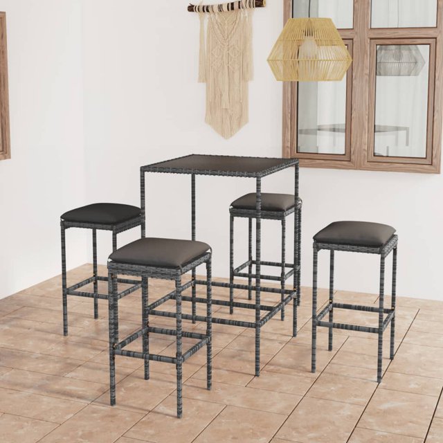 vidaXL 5 Piece Garden Bar Set with Cushions Poly Rattan Grey