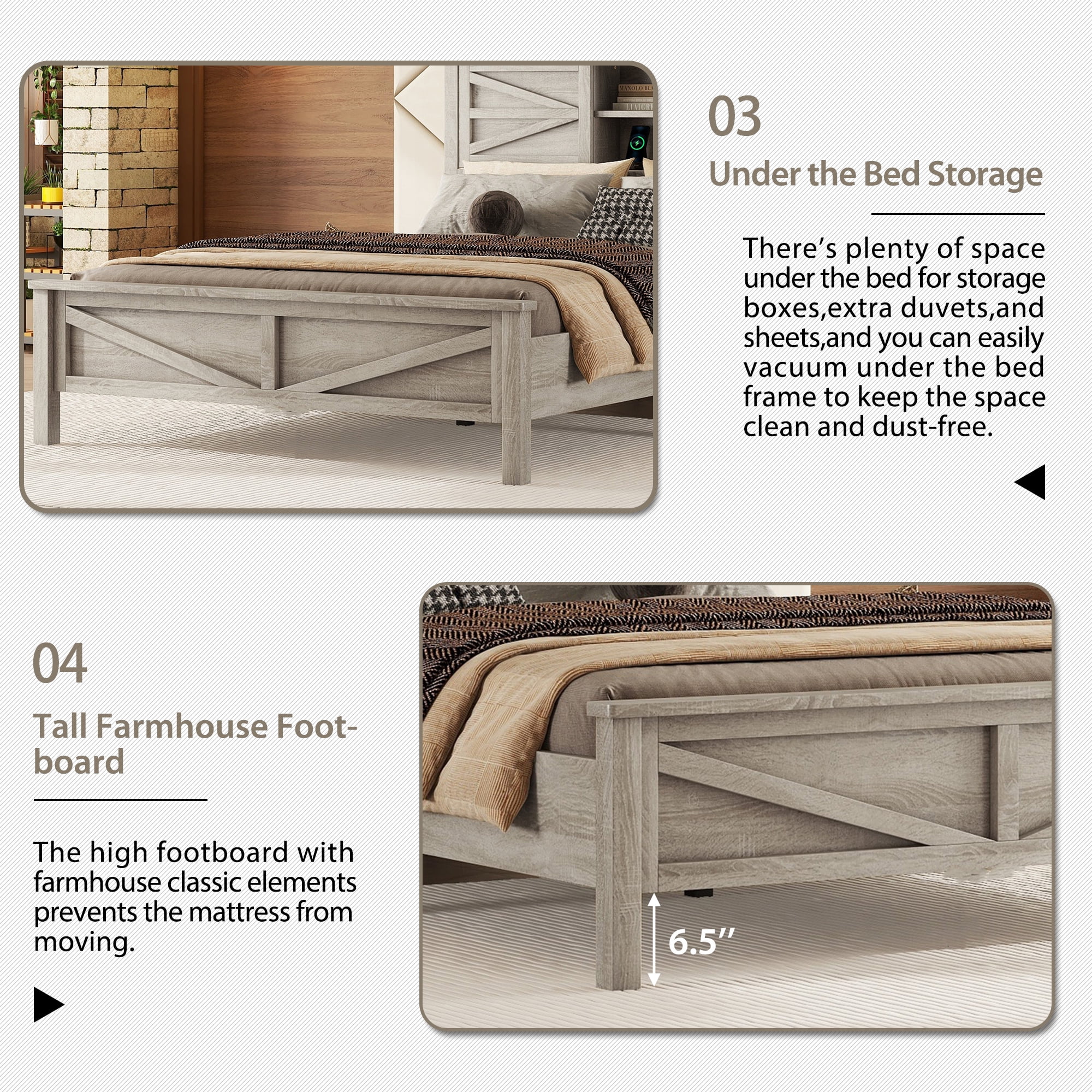 Ensemble de chambre 3 pièces Noble House : lit plateforme de style ferme, grand lit, gris antique
