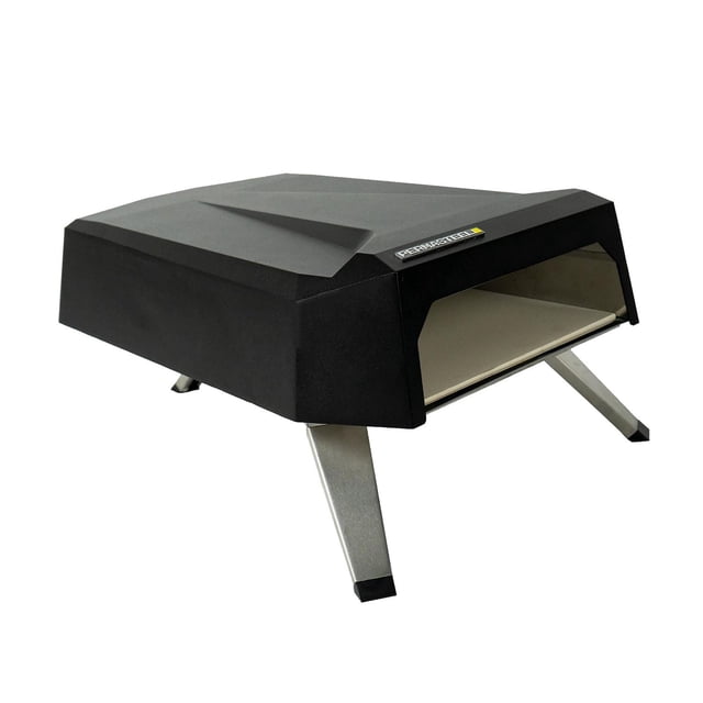 Permasteel 12” Table Top Gas Pizza Oven with black cast aluminum top, foldable stainless steel legs, and 12.5-inch pizza stone, propane gas-powered for outdoor BBQ cooking, suitable for portable backyard use.