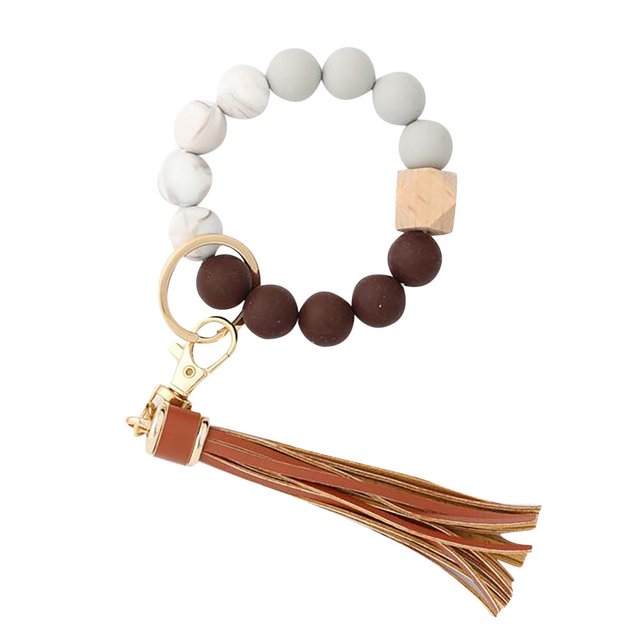 Silicone Key Ring Bracelet Women Beaded Bangle Keychain Wristlet Leather Tassel