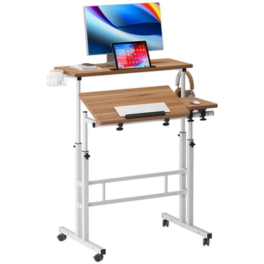 SOGES Bureau Mobile Debout à Hauteur Réglable Portable avec Porte-Gobelet et Crochets, Chêne - Mise à Jour