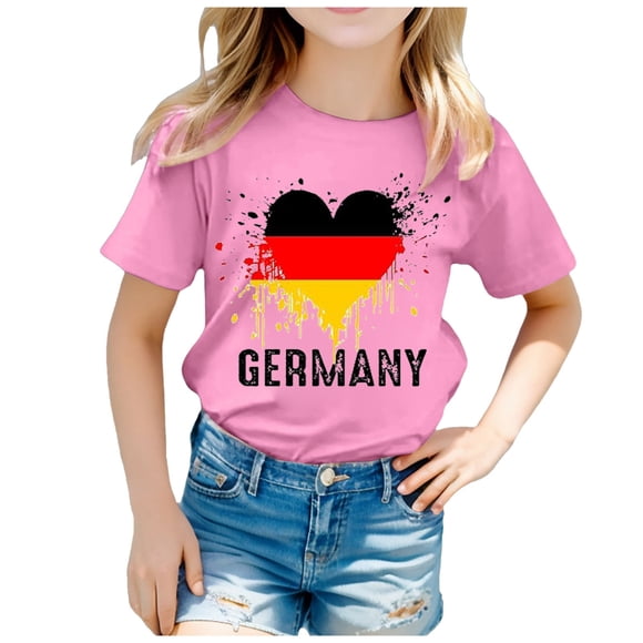 LUOGENLI T-Shirt pour Filles Enfants Drapeau de l'Allemagne Imprimé Manches Courtes Col Rond T-Shirt Tendance Mode Chandail de Base Hauts Maxi à Fleurs avec Fente 3-4 Ans