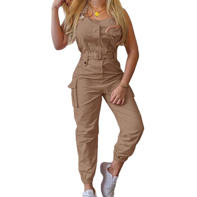 Innerwin Jumpsuits Sleeveless Women Long Pants Summer With Pockets Solid Color Romper Khaki 4XL