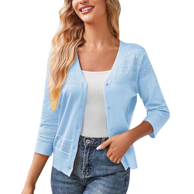 RXIRUCGD Women's Long Sleeved V-neck Solid Color Knitted Cardigan Sweater Jacket, Light Blue, Size: S