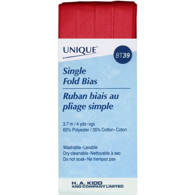 UNIQUE Single-Fold Bias Tape, Narrow — 3.7 m polycoton tape in red, folded with label showing product name, length, fabric content of 65% polyester and 35% cotton, washable and dry-cleanable, suitable for finishing edges on sewing and craft projects.