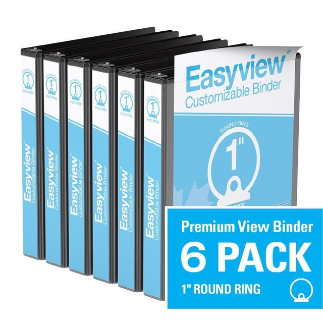 Davis Group Easyview Premium Round Ring Customizable View Binder 6 Pack 1 inch with six black binders featuring clear overlay pockets on front, spine, and back for customizable inserts, PVC-free polypropylene material, and back-mounted rings that allow pages to lie flat, suitable for presentations, manuals, and reports.