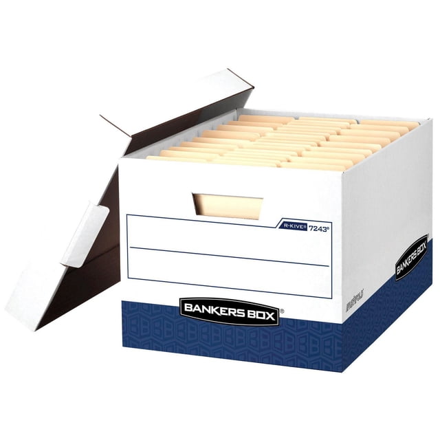 Bankers Box® R-Kive® - Letter/Legal, White/Blue storage box with open lid showing hanging file folders inside. Heavy-duty triple end, double side, and double bottom construction with reinforced tear-resistant handles, deep locking lift-off lid, and smooth rolled edges for secure, durable file storage in office and moving contexts.