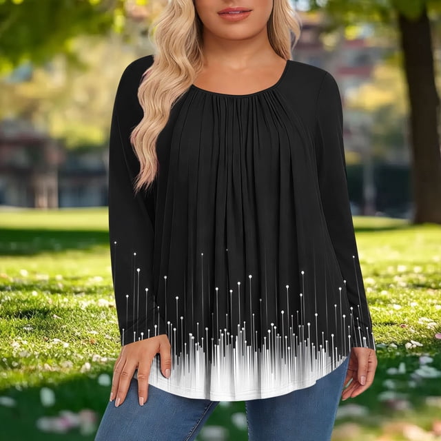 Jacenvly Hauts à Manches Longues pour Femmes Liquidation Hauts à Manches Longues Décontractés à la Mode pour Femmes Imprimé Col Rond à Manches Longues Pli Grande Taille Haut de Printemps Hauts à Manches Longues pour Femmes Grande Taille