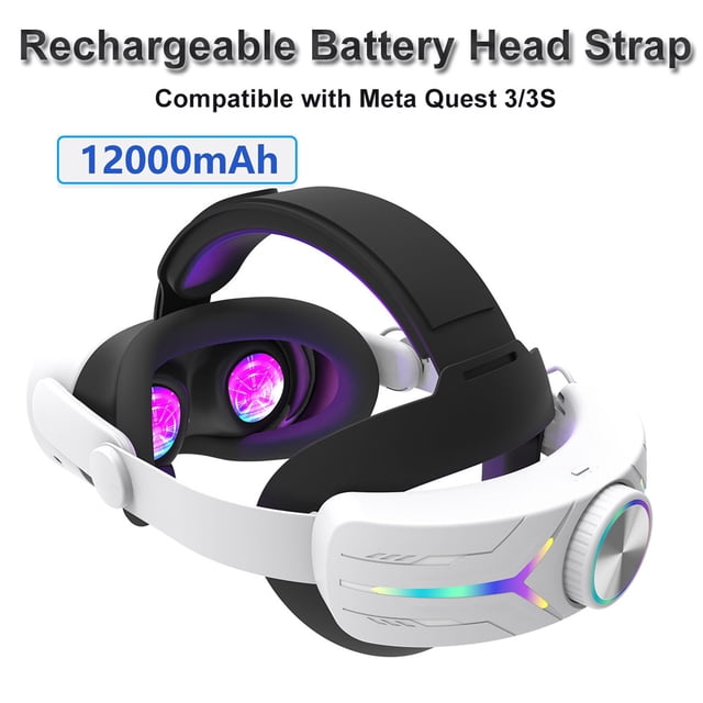 12000mAh rechargeable battery head strap compatible with Meta Quest 3/3S, shown in black and white with RGB lighting. Features an adjustable knob wheel for a secure fit, foldable side straps, and a built-in battery for extended VR sessions. Designed for enhanced comfort with a counterbalanced rear battery and padded top strap. Made from durable ABS+PC material for long-lasting use.