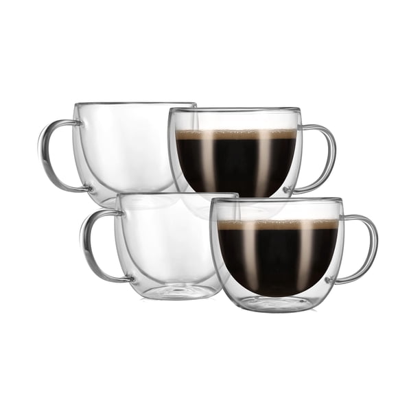 CNGLASS 8oz Double Wall Glass Coffee Mugs,Clear Insulated Espresso Glass Mugs with Handle for Latte,Cappuccino,Coffee,Set of 4