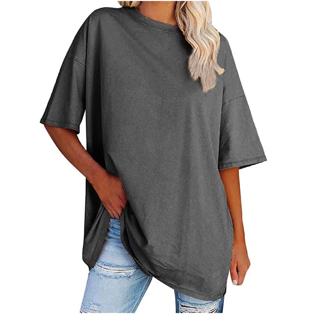 Plebaso T-Shirts Surdimensionnés pour Femmes 2025 Manches Courtes Hauts Amples Col Rond Décontracté Uni T-Shirts Basiques pour Femmes