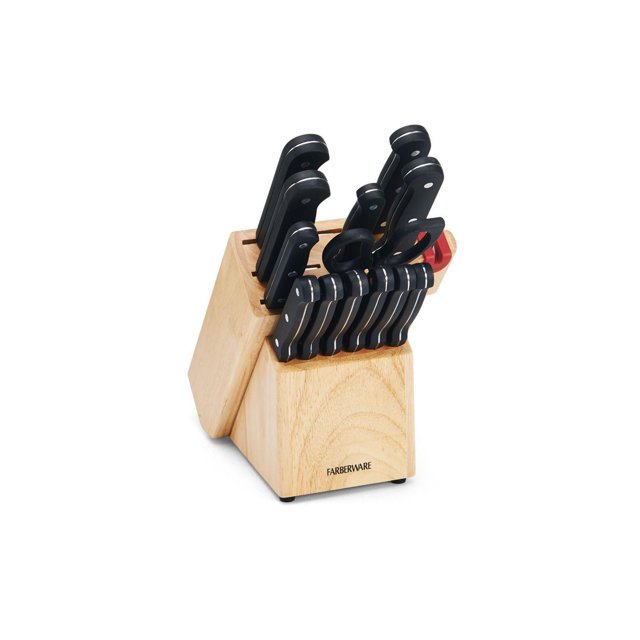 Farberware 14pc Cutlery Set with natural finish wooden block holding knives with black triple-riveted handles, including chef, bread, slicer, cleaver, serrated utility, paring knives, six steak knives, kitchen shears, and built-in sharpener for precise kitchen cutting and organization.