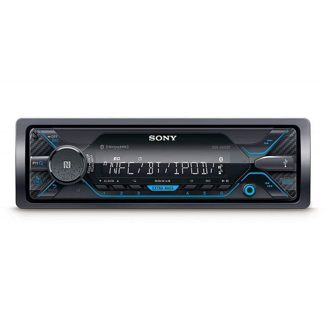 Sony DSX-A415BT Récepteur Numérique pour Voiture avec Panneau avant Noir à un Seul Din, Affichage Numérique Affichant NFC/BT/IPOD, Récepteur Multimédia Bluetooth avec Entrée USB, Bouton de Commande et Boutons Rétroéclairés Bleus Incluant des Basses Supplémentaires, Idéal pour les Systèmes Stéréo de Voiture au Tableau de Bord et la Connexion Mains Libres au Téléphone Intelligent.
