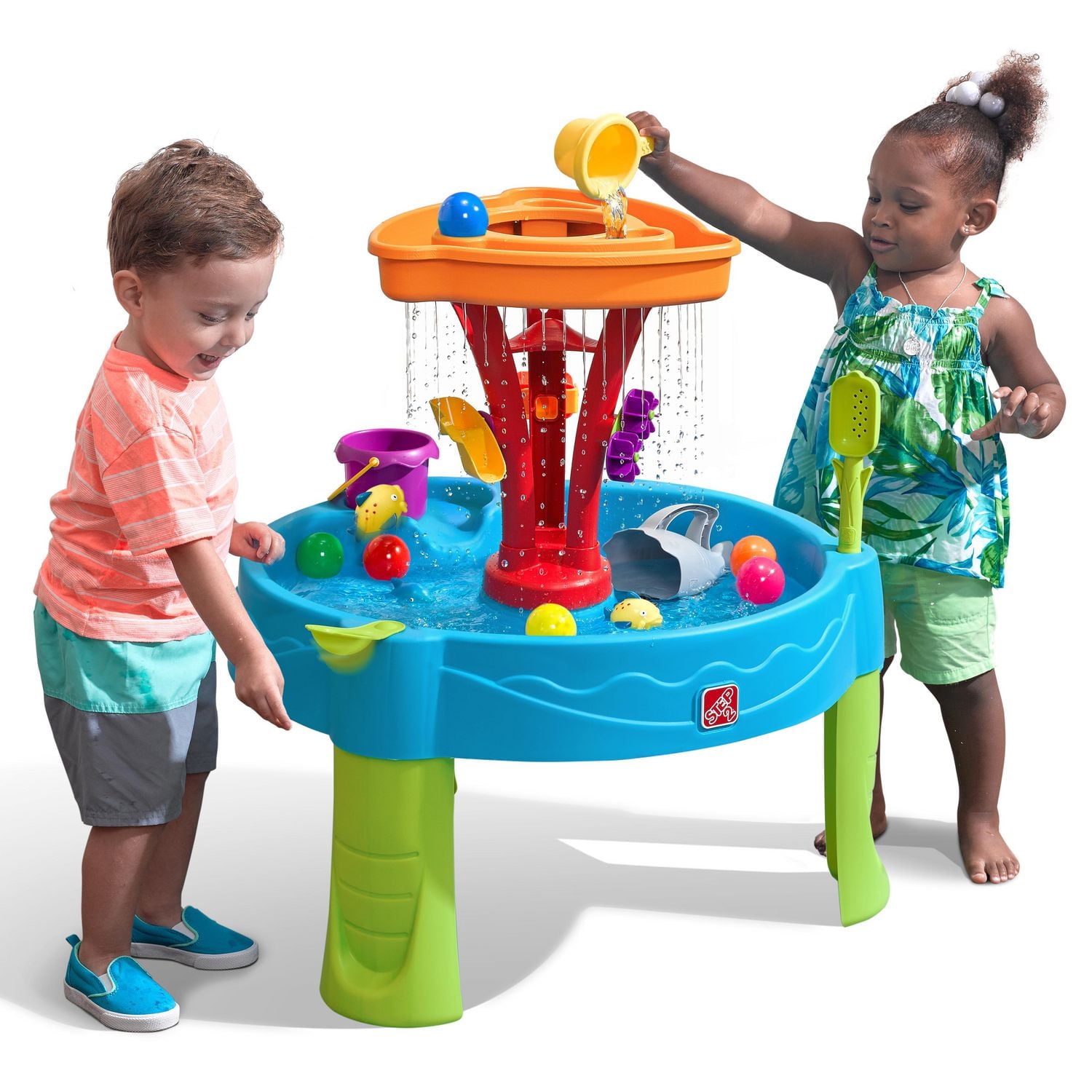 Table D’eau 6-en-1 Pour Enfants – 2 Niveaux – Toboggan, Pêche, Basket, Circulation D’eau – Bleu