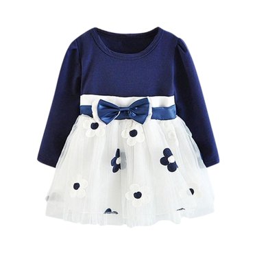Toddler Kids Baby Girls Long Sleeve Tulle Patchwork Flower Bow Dresses Clothes