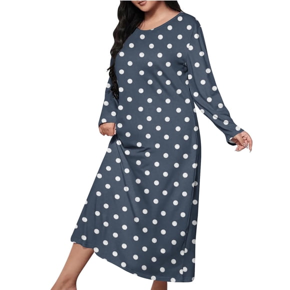 Womens Long Sleeve Nightgown Casual Crewneck Polka Dot Sleep Tshirts Dress Sleepwear Soft Pullover Nightdress Navy, XL