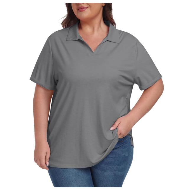 Timegard Tops for Women Plus Size Lapel V-Neck Short Sleeve Comfy Basic Tee Shirts Casual Loose Tops