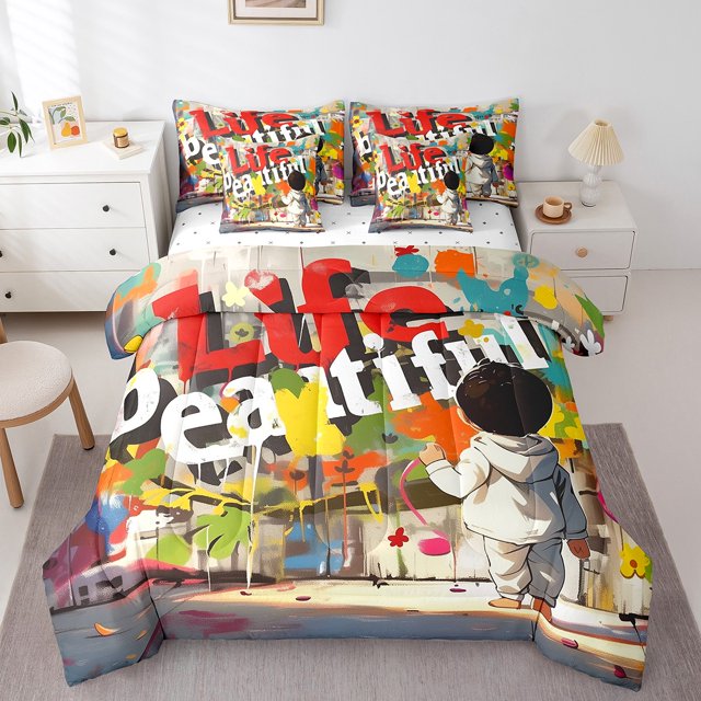 YST Ensemble de Douillette Graffiti Aquarelle Monde Coloré, 7 Pcs Lit en Sac, Format Simple