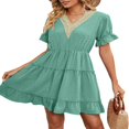 thumbnail image 4 of Women Short Sleeve Mini Dress V Neck Ruffle Casual Dresses A Line Flowy Summer Beach Party Sun Dress, 4 of 7