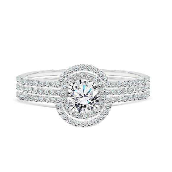 JeenMata 1 Carat Lab Grown Diamond Trio Wedding Ring Set - Round Cut Halo Statement Ring in 18K White Gold Plating for Women