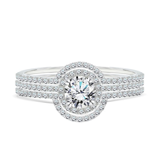 JeenMata 1 Carat Lab Grown Diamond Trio Wedding Ring Set - Round Cut Halo Statement Ring in 18K White Gold Plating for Women
