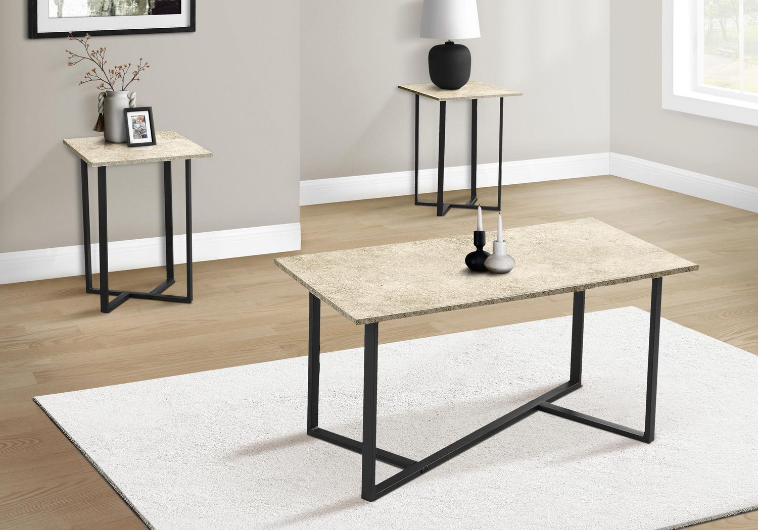 Monarch Specialties  Ens De Tables, Ensemble De 3 Pièces, Café, Bout, Salon, Revêtement Stratifié En Pierre Crème, Métal Noir, Contemporain, Moderne