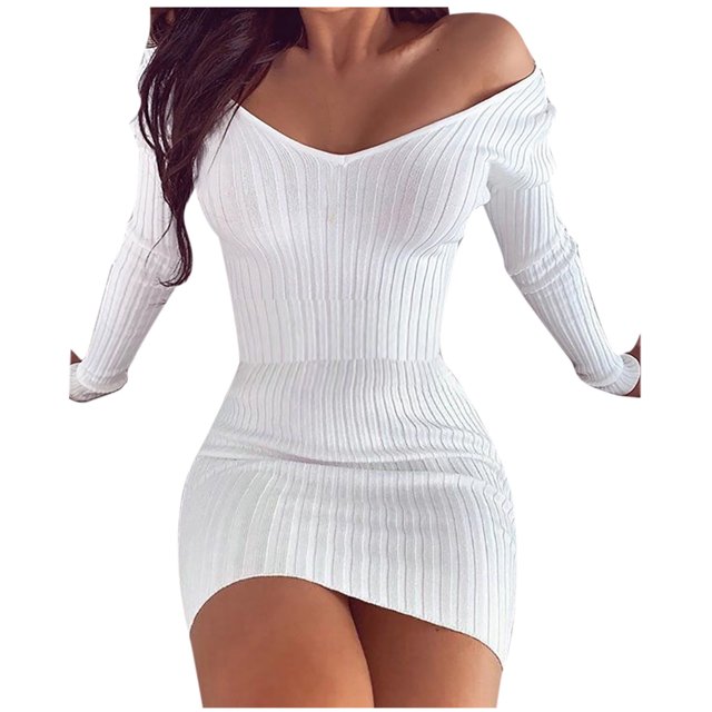 LLYwey Aubaines Robes pour Femmes Formelles Mode Uni Col en V Manches Longues Fourreau Robe Moulante Nouvelle Robes Portefeuille Blanc TTG
