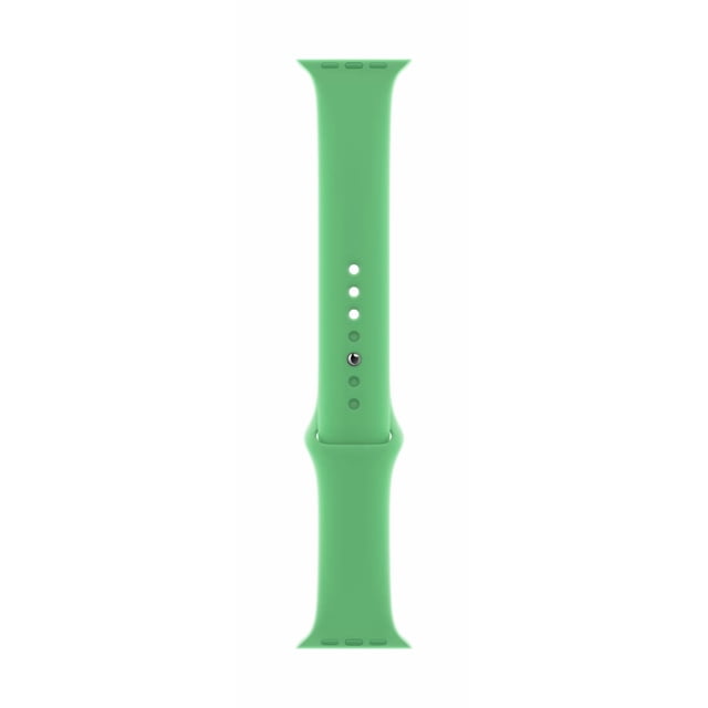 Apple Watch 41mm Sport Band in green, made from durable fluoroelastomer with a smooth texture and pin-and-tuck closure holes, shown in a centered, front-facing view. Suitable for comfortable daily wear and smart watch accessory use.