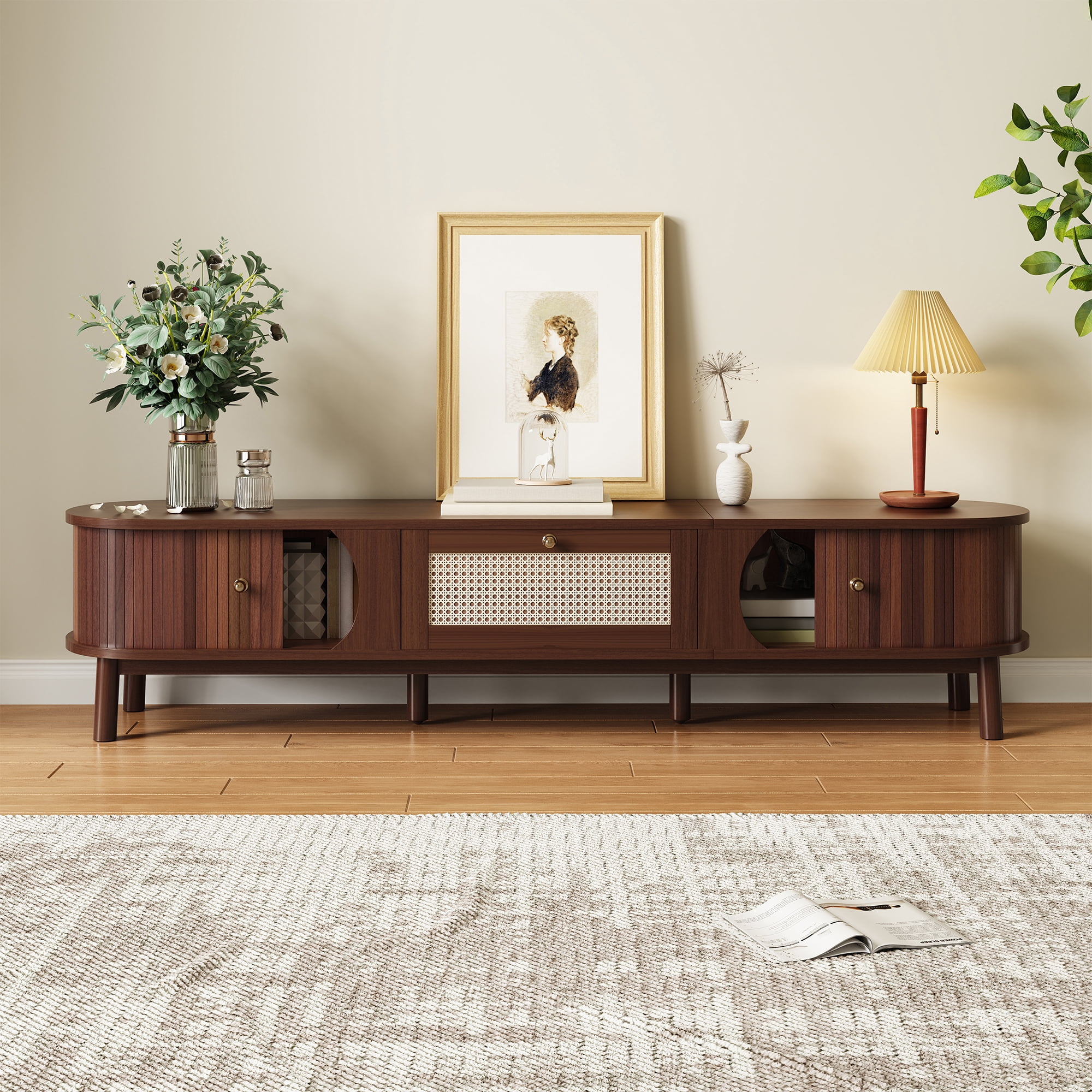 Noble House Meuble TV avec Portes à Lattes en Bambou et Tiroirs en Rotin, Solution de Rangement pour Console Multimédia Rustique, Naturel