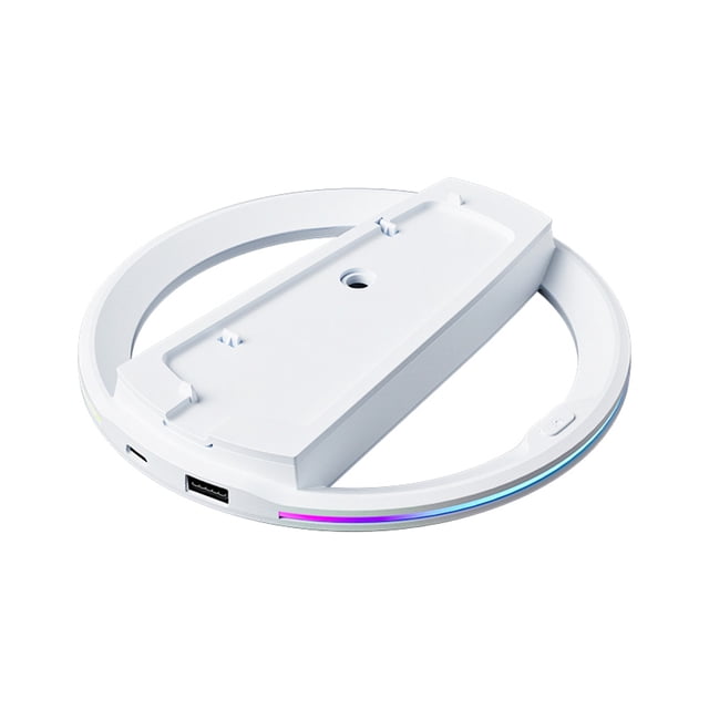 Support de Refroidissement Vertical à DEL RVB compatible avec PlayStation 5 Slim/Pro, Montré dans une Conception Circulaire avec une construction en ABS Blanc. le Support Présente un Système de Circulation d'Air en Forme d'Anneau pour un Refroidissement Efficace et des Effets d'Éclairage RVB Personnalisables le Long du Bord. Il Comprend une Entrée d'Alimentation USB-C et des Coussinets en silicone Antidérapants pour la Stabilité. Conçu pour les Modèles PS5 Slim Édition Disque/numérique et PS5 Pro, Il Offre une installation Sans Outils avec un Système de Montage Sécurisé.