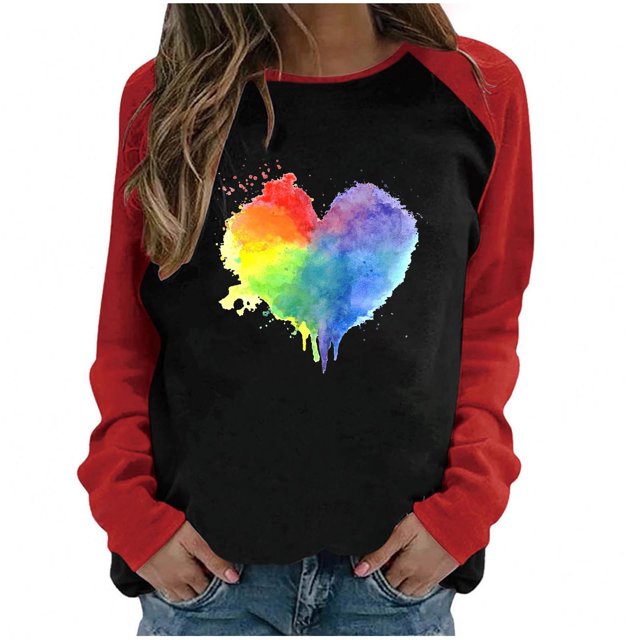 CEHVOM T-shirt à Manches Longues à Col Rond pour Femme de la Saint-Valentin, Décontracté, Raglan, à Panneaux Contrastés de Couleurs, Coupe Ample, Imprimé, T-shirt à Manches Longues à Col Rond, Blouse, Liquidation
