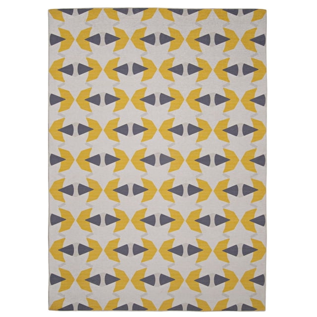 Tapis d'Extérieur Lavable Hialeah Ivoire et Jaune 7 Pieds x 9 Pieds à Poils Plats avec Motif Géométrique Répétitif de Formes de Flèches Jaunes et Grises sur Fond Ivoire, Résistant aux UV et Lavable à la machine, Convient à une Utilisation Intérieure Ou Extérieure, Y Compris les patios et les Cuisines.