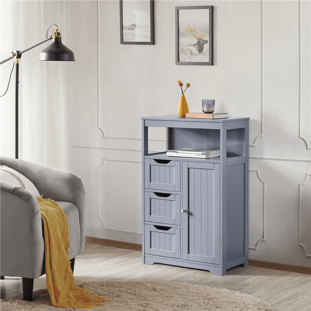FullFurnique armoire plancher de salle de bain MDF organisateur de rangement en bois avec tiroirs, gris