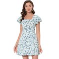 thumbnail image 1 of INSPIRE CHIC Women's Square Neck Ruffled Sleeve Pleated Front Printed Dress Blue S, 1 of 5
