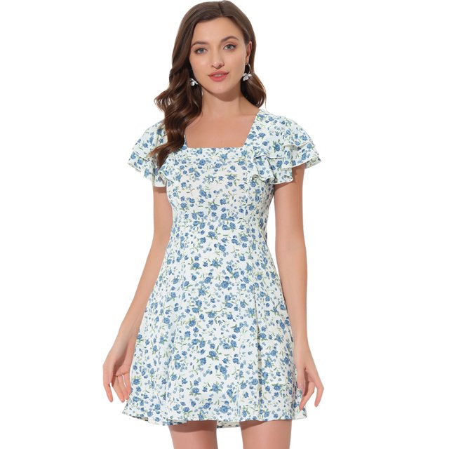 INSPIRE CHIC Women's Square Neck Ruffled Sleeve Pleated Front Printed Dress Blue S