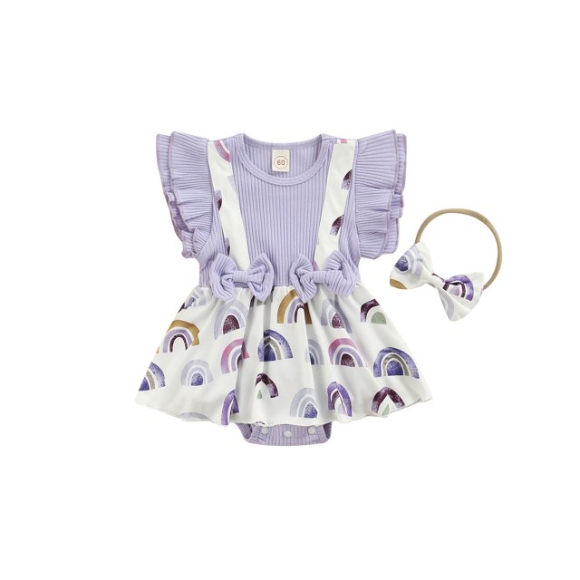 Xingqing Barboteuse Fleurie pour Bébés Filles, Robe Tutu, Justaucorps à Manches à Volants, Combinaison avec Bandeau, Tenues Violettes 12-18 Mois