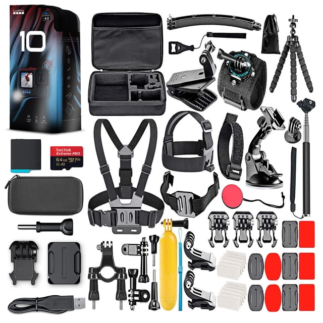 GoPro HERO10 (HERO 10) waterproof action camera bundle featuring a 64GB SanDisk Extreme Pro microSDXC card and a 50-piece accessory kit. The kit includes a chest strap, head strap mount, floating handle grip, suction cup, mini tripod, bicycle handlebar mount, and various adhesive mounts, screws, and anti-fog inserts. The camera offers 5.3K video recording, 23MP photos, HyperSmooth 4.0 stabilization, and a front live preview display. Accessories and camera are displayed against a white background.