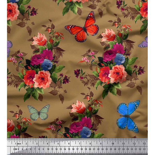 Soimoi Polyester Crepe Fabric Leaves, & Peony Floral Decor Fabric Printed Yard 42 Inch Wide