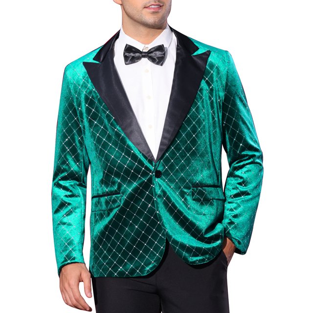 INSPIRE CHIC Men's Blazers Velvet Peak Lapel Argyle One Button Shiny Blazers XL Green